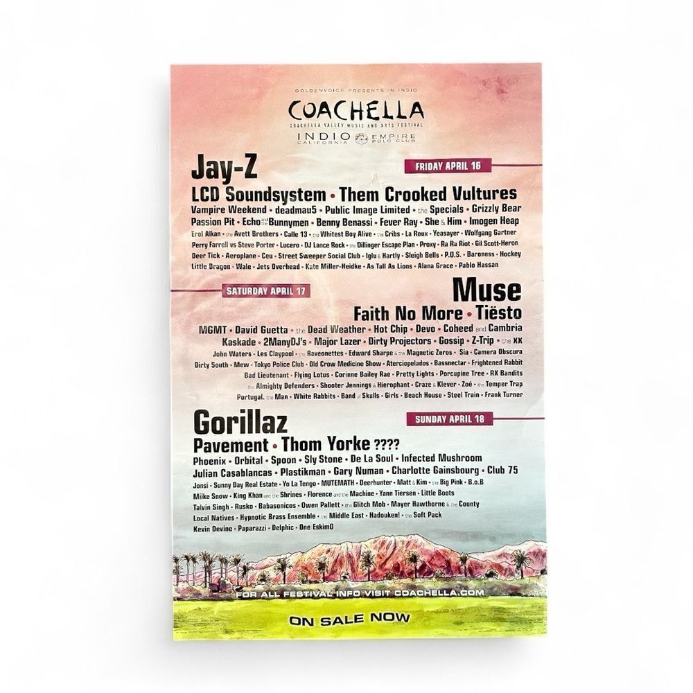 Jay-Z MUSE Gorillaz Coachella Music Festival Lineup Poster 2010 11x17 ORIGINAL